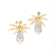 Load image into Gallery viewer, Azure Blue Topaz and Baroque Pearl Earrings
