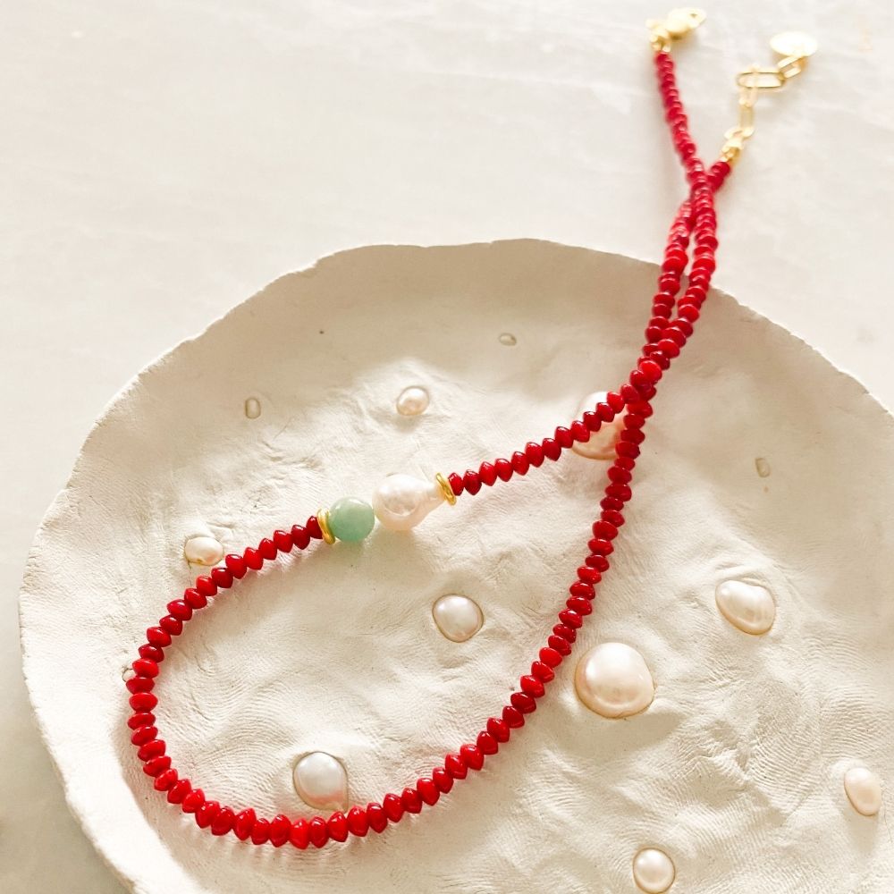 Seaside Coral, Amazonite & Pearl Necklace