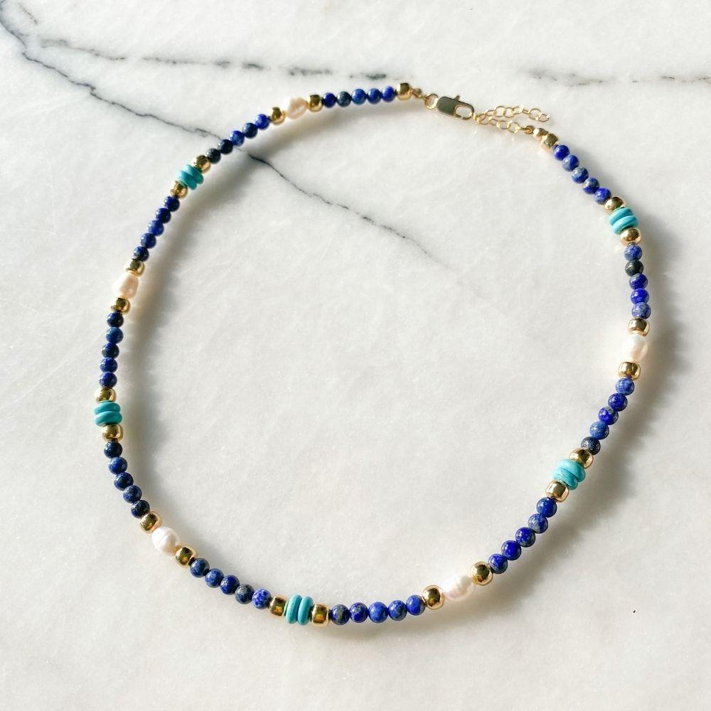 Sophie Natural Pearl Lapis Lazuli & Turquoise Necklace