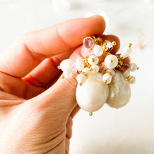Load image into Gallery viewer, Jellyfish Tourmaline and Strawberry Quartz, Baroque Pearl Earrings
