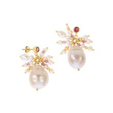 Load image into Gallery viewer, Jellyfish Tourmaline and Strawberry Quartz, Baroque Pearl Earrings
