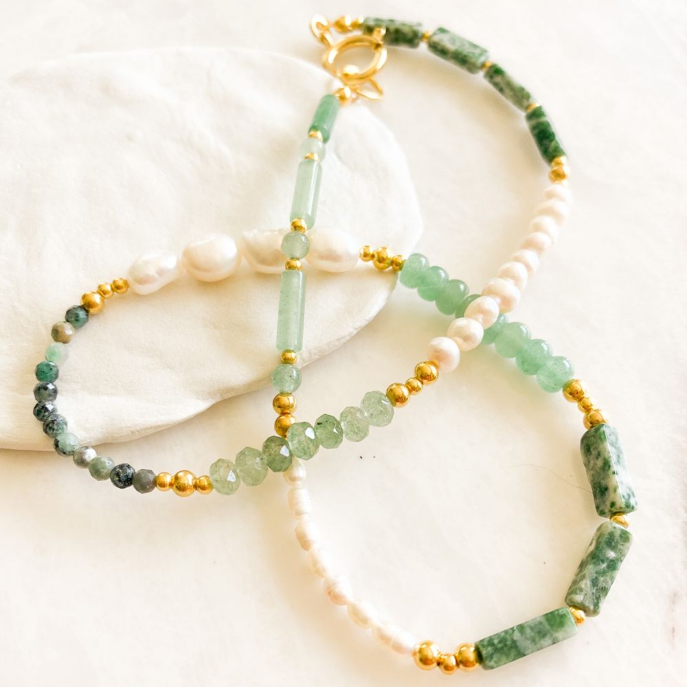 Farrah Emerald & Aventurine & Moss Agate & Pearl Necklace | Double Trouble Collection